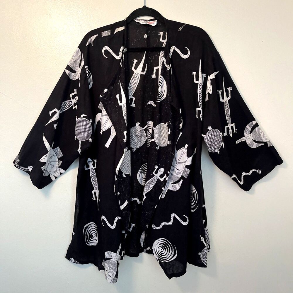 SUE WONG Vintage Linen Kimono Cardigan, Lizard Tribal Black/White- One Size
